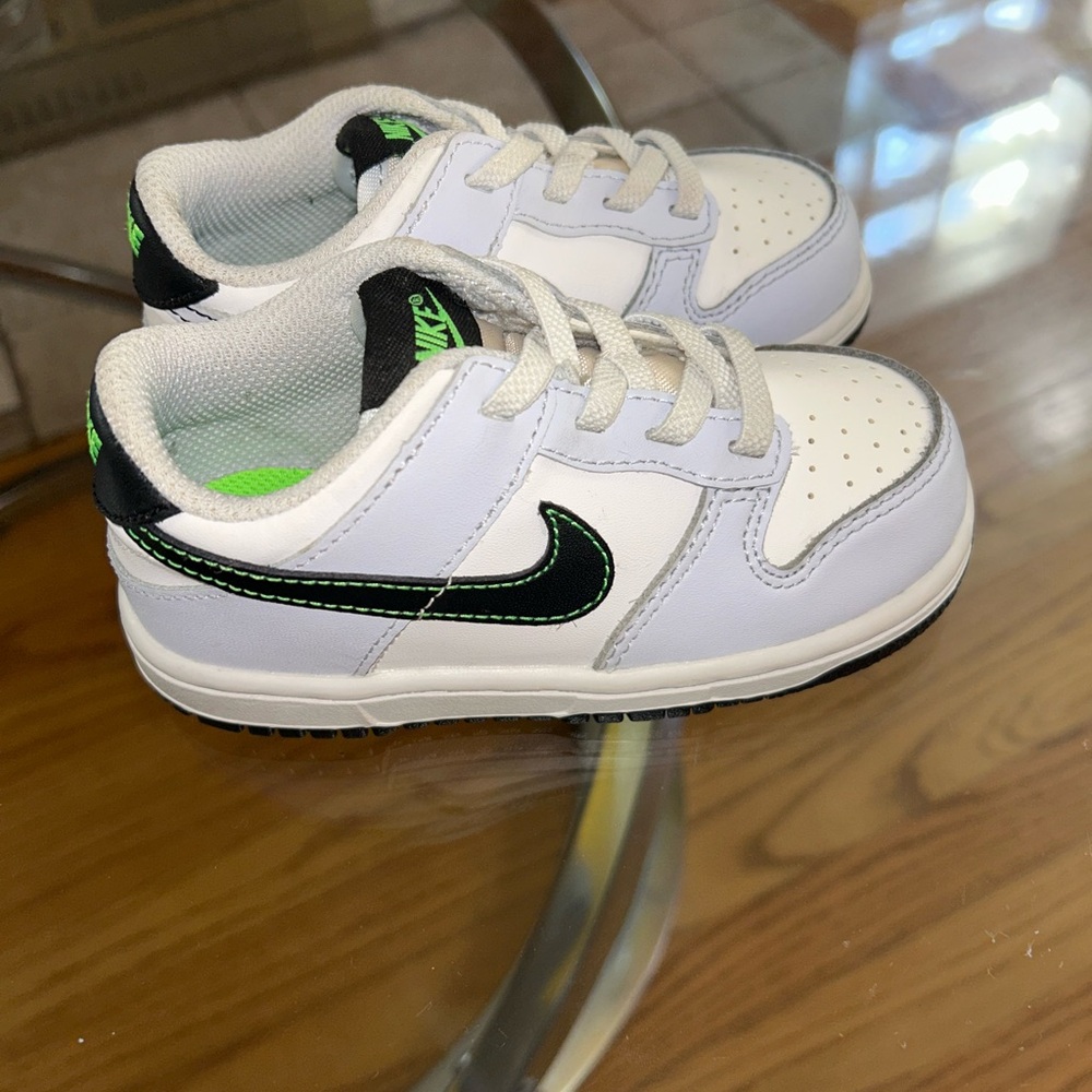 Nike “Dunks”  Kids White and Black Sneakers with Green Accents
